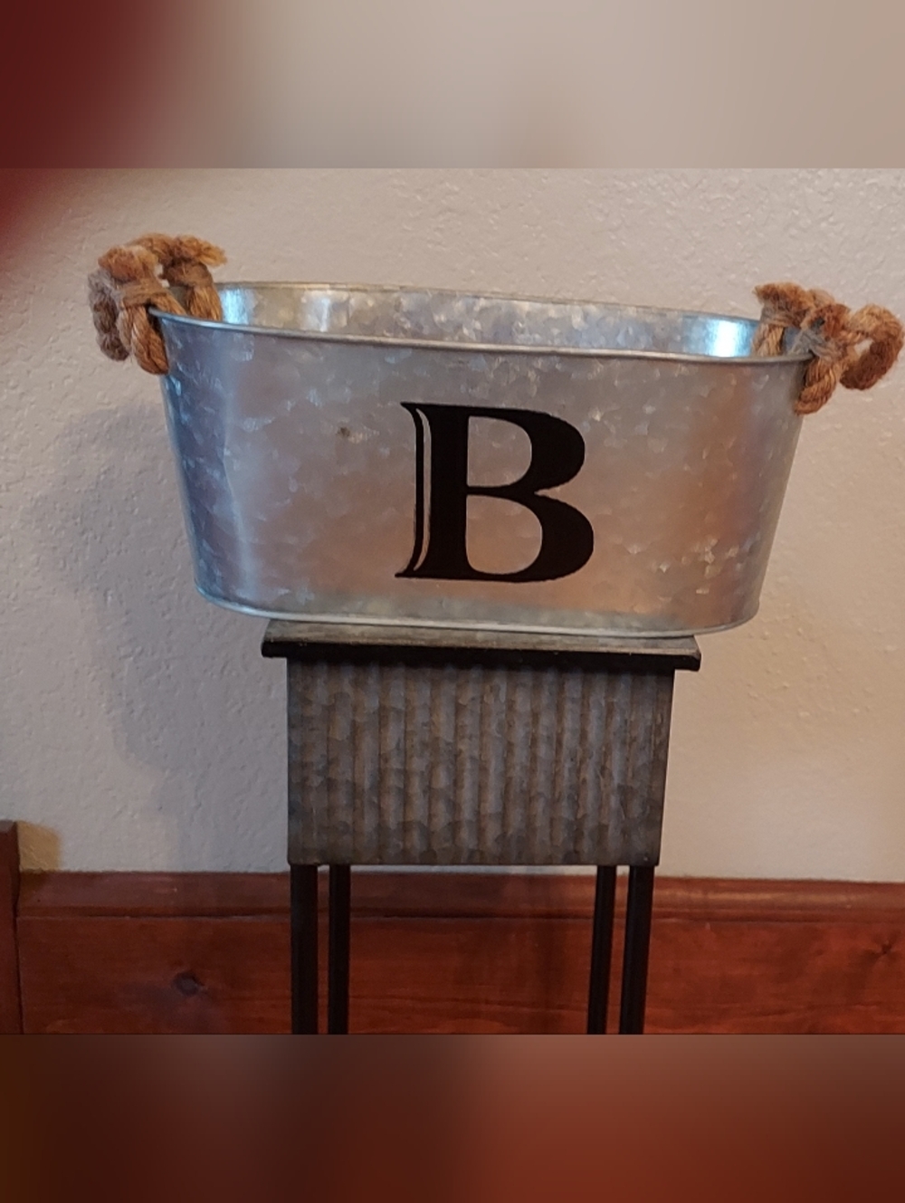 Galvanized Metal Tub Planter with Rope Handle - Letter B